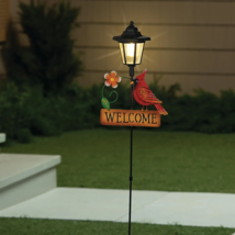 Solar Welcome Lamp Post Lantern Cardinal Yard Stake Outdoor Garden Light Decor - £27.54 GBP