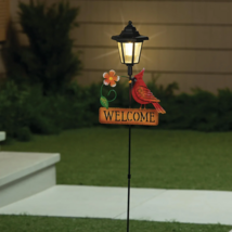 Solar Welcome Lamp Post Lantern Cardinal Yard Stake Outdoor Garden Light Decor - £27.51 GBP