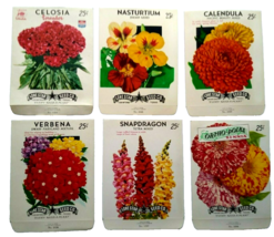 Flower Seed Packs Lot Of (6) EMPTY Vintage Celosia Snapdragon Caledula Verbena - £6.24 GBP
