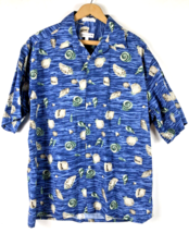 Pierre Cardin Hawaiian Shirt Mens Large Button Down Tropical Ocean Seashell Blue - £21.53 GBP