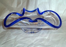 Blown Cobalt Blue Rimmed 3 Folds Trinket Dish Art Glass 5&quot; wide - £24.91 GBP