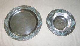 Vintage Wilton, Pa. Western Style Polished Pewter Platter+Bowl - Wide Rimmed Set - £11.87 GBP