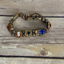 Gold Tone Womens Bracelet Blue Red Stones Clasp Approx 8&quot; - £14.06 GBP