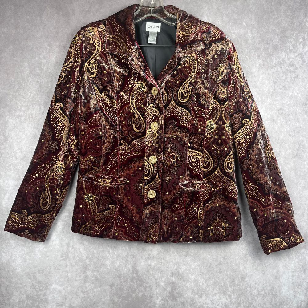 Vtg Velvet Blazer Med 90s Y2K Boho Paisley Sequined Jacket Gold Burgundy... - $21.97