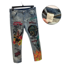 Men&#39;s Graphic Distressed Jeans 32 | Vintage Wash, Skull Print, Urban Style - $630.16 MXN