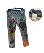 Men&#39;s Graphic Distressed Jeans 32 | Vintage Wash, Skull Print, Urban Style - $33.66