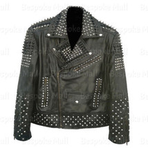New Men&#39;s Full Black Silver Spiked Studded Brando Punk Biker Leather Jacket-822 - £262.40 GBP+