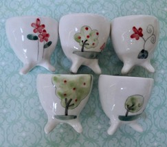 Set/5 Handpainted Egg Cups Apple Trees Flowers Whimsical CottageCore Footed - £19.95 GBP