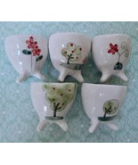 Set/5 Handpainted Egg Cups Apple Trees Flowers Whimsical CottageCore Footed - £19.60 GBP