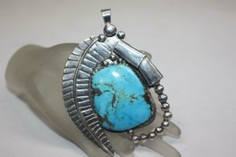 Vintage American Indian Navajo Feather Large Turquoise Pendant Signed Sterling - £178.96 GBP