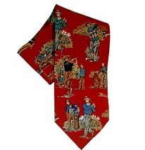 Golf Scene Tie Handmade Swinging Club Red Burgundy Background by John Ashford - £11.21 GBP