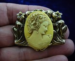 cm5-23 LADY looking down flower hair yellow + white Cameo Pin Pendant br... - $34.58