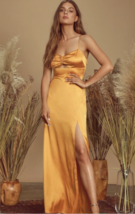 Lulus Renata Golden Yellow Print Satin Maxi Dress, Size Medium - $60.29