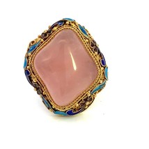 Vintage Vermeil Natural Rose Quartz Gemstone Chinese Enamel Cloisonne Ring sz 8 - £75.41 GBP