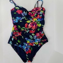 Catalina Swimsuit Adult Small One Piece Navy Blue Floral Sweetheart Necklin - $14.84