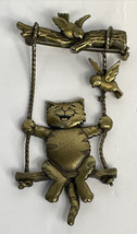 JJ  Jonette Kitty Cat On A Swing  Brooch 3” X 1.5” Vtg Bronze Tone Dangle Pin - £7.78 GBP