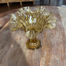 Vintage FENTON Amber Glass Ruffled Edge Thumbprint Pedestal Compote Cand... - $11.30