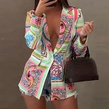 Women Cardigan Suit Jacket Retro Pattern Print Office Lady Slim Blazer Elegant T - £102.05 GBP