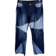 Retro Patchwork Wide Leg Denim Jeans L Blue Mid Rise Cut Off Stretch 5 P... - £18.22 GBP