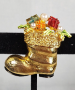 Vintage 1960&#39;s Signed ART  Gold Tone Santa Boot Enamel Presents Mistleto... - £19.97 GBP