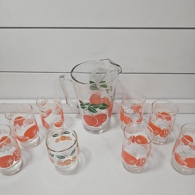 Vintage Anchor Hocking Orange Juice Pitcher with 8 glasses - $34.60