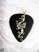 Pewter Classic Dragon Charm On Black Guitar Pick Pendant Adj Cord Necklace - £3.90 GBP