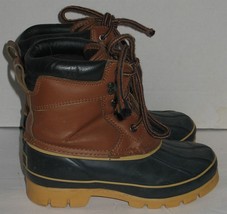 Boys 3Y Brown Faux Leather Navy Rubber Winter Rain Ice Muck Boots - $8.91