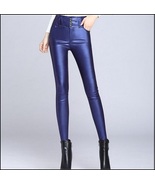 Blue Stretch Faux Leather High Waisted Button Up Skinny Pencil Trousers - £50.31 GBP