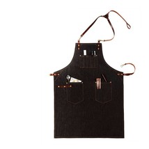 Barista Apron,Black Denim Back Cross Leather Straps Aprons Gifts For Wom... - £51.00 GBP