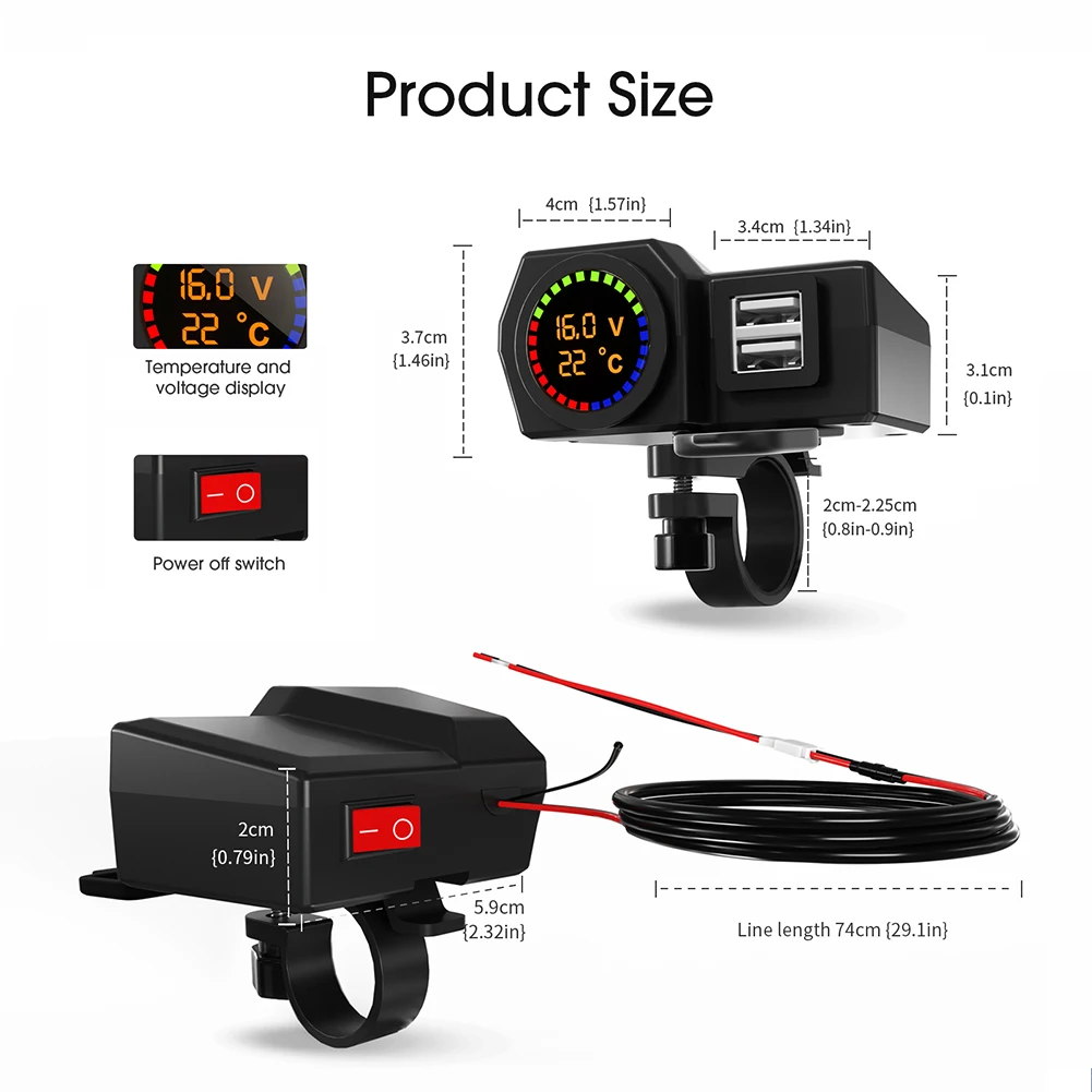 1 to 3 USB Motorcycle Charger with Temperature Voltage Display Motorbike Handleb - £144.21 GBP