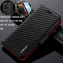 Samsung S21 Ultra 5G S20+ S10 S9 S8 CarbonFiber Leather magnetic flip case cover - £41.72 GBP