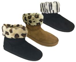 New Womens Winter Boots Faux Suede Shearling Cuffed Animal Print Fur Ank... - $10.11+