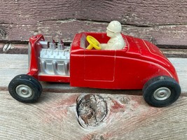 VTG SAUNDERS Red Racer Friction Hot Rod Plastic Car c.1960&#39;s w Driver - £23.18 GBP