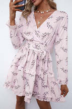 Pink Floral Print Ruffle Hemline Wrap Mini Dress - £23.37 GBP+