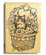 Cat Rubber Stamp Kitten Basket with Flowers Kitty Roses Spring Garden 5.... - £6.21 GBP