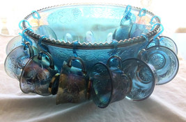 Vintage Indiana Glass Blue Carnival Glass Grape Harvest Punch Bowl with Cups &amp; H - £71.85 GBP