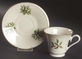 LENOX BONE CHINA TEACUP &amp; SAUCER L5 HOLLY &amp; BERRY GOLD RIM &quot;SPECIAL&quot; USA  - $5.89