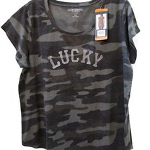 Lucky Brand Women&#39;s Medium Charcoal Gray Camo Short Sleeve Tee Shirt - £15.32 GBP