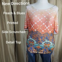 New Directions Peach &amp; Blue Printed Side Scrunched Detail Top Size 3X - £8.69 GBP