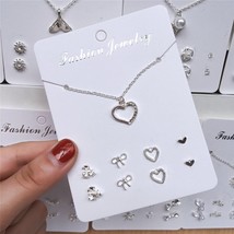 Heart Round Geometry Pendant Necklace Earrings Sets For Women Silver Color Stud  - £18.86 GBP