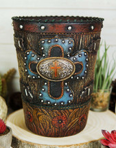 Country Rustic Western Floral Blue Cross With Concho Dry Waste Basket Trash Bin - £31.96 GBP