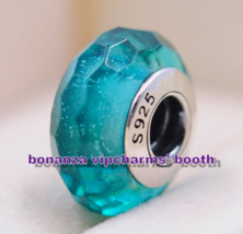 925 Sterling Silver Handmade Glass Teal Shimmer Faceted Murano Glass Charm Bead  - $4.60