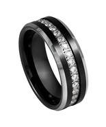 Tungsten Ring Black IP Plated White CZ Eternity Beveled Edge 8mm Band We... - $68.24 CAD