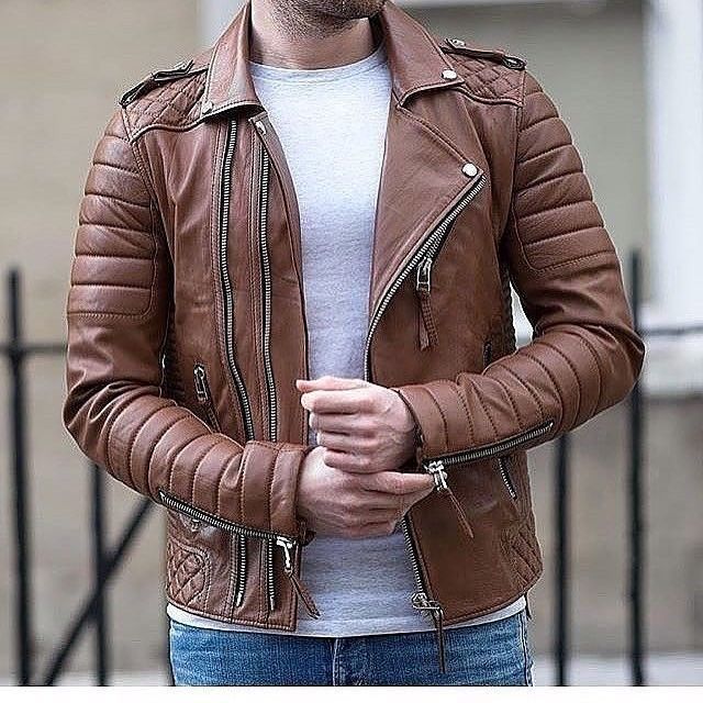 New Handmade Men's Brown Genuine Lambskin Leather Fashionable Biker Jacket 2019
