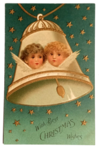 With Best Christmas Wishes Gold Embossed Bell w/ Children Postcard c1908 Germany - $12.99