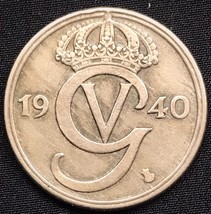1940 Sweden 50 Ore Gustaf V Kings Monogram Coin KM#796 - $4.95