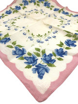 Vintage 1940s Handkerchief Blue Roses Floral Pink White Shabby Flowers H... - £14.78 GBP