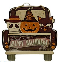 Halloween Truck Pumpkin Skull Cat Glitter Hanging Wall Door Sign Décor 11x11 - £10.01 GBP