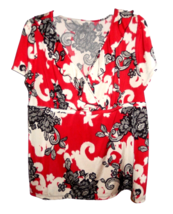 Lane Bryant Women&#39;s 14/16 Knit Blouse Top SS Floral Print Pullover Red &amp; White - £13.55 GBP
