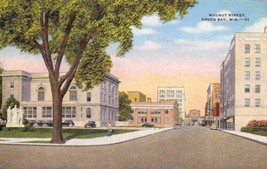 Walnut Street Green Bay Wisconsin 1952 linen postcard - $6.44